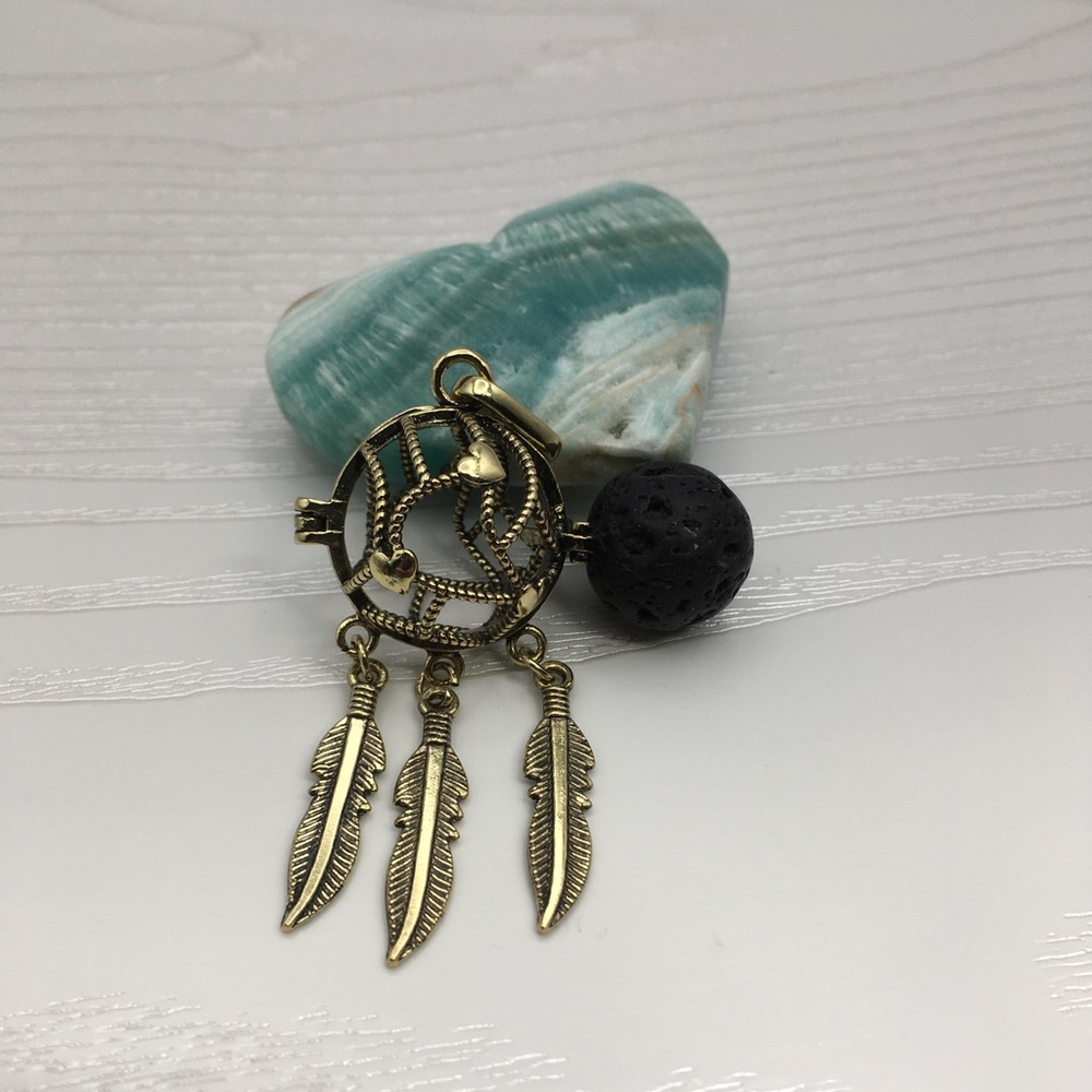 Dreamcatcher Aromatherapy Brass Tone Locket.  Lava stone included.